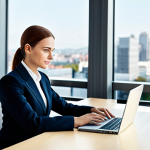 FC모바일 커뮤니티 - Businesswoman in Modern Office**

"A professional businesswoman in a tailored, modest business suit,...