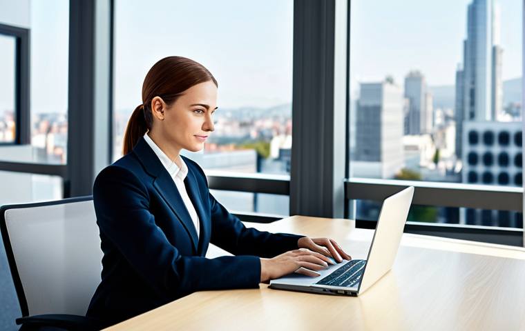 FC모바일 커뮤니티 - Businesswoman in Modern Office**
"A professional businesswoman in a tailored, modest business suit,...
